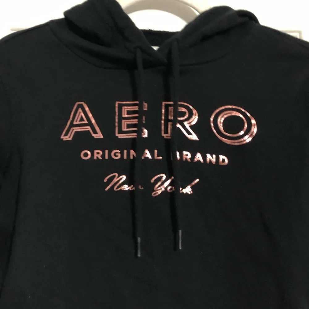 Aeropostale y2k black pinkish gold logo hooded sweatshirt women’s Size XS teens - Picture 5 of 6